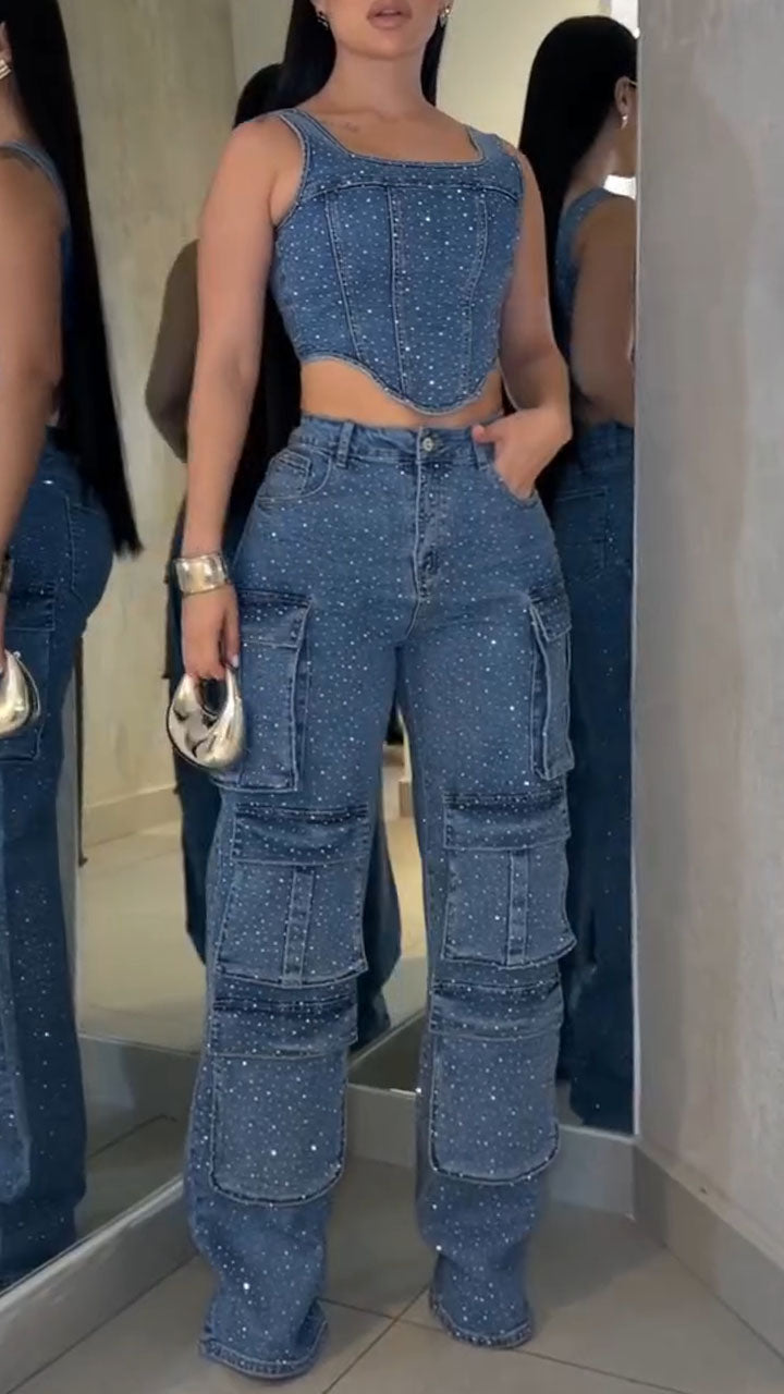 Women Irregular Hot Diamond Splicing Top+ Pants Casual Denim Set