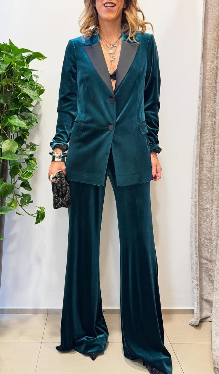 Women Collar Velvet Jacket+ Pants Temperament Dinner Casual Set