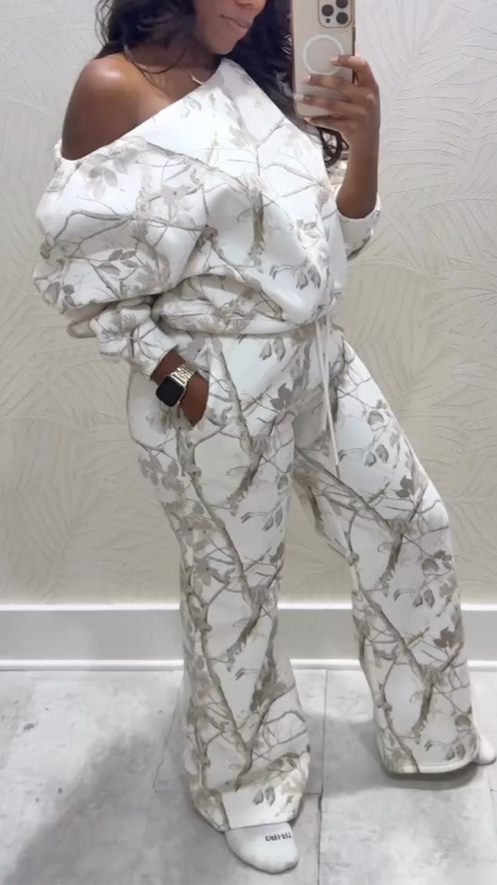 Women Round Neck Printed Top+ Drawstring Pants Casual Set