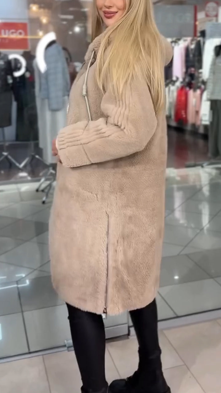 Women Hooded Drawstring Casual Plush Coat