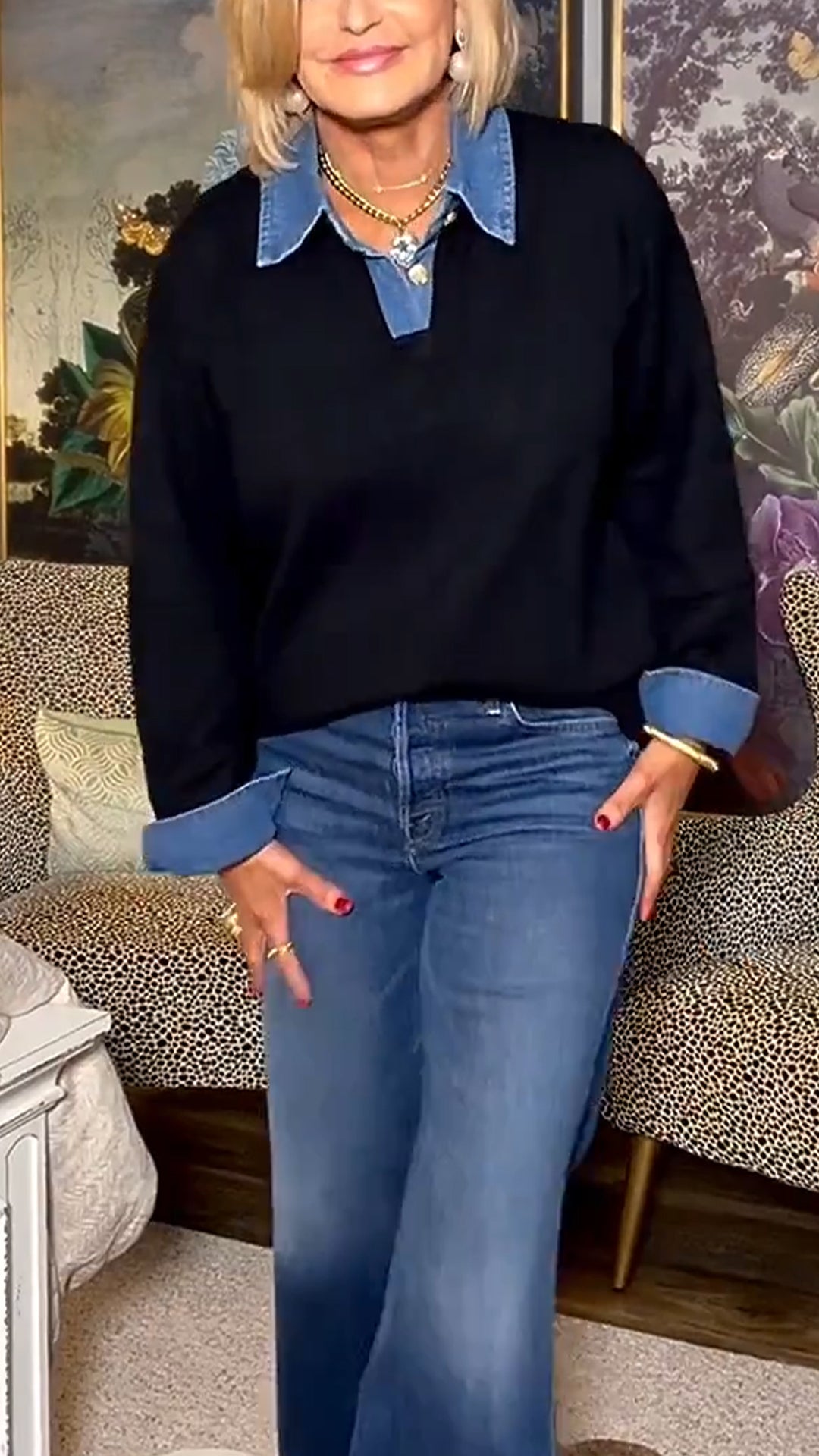 Women Laple Collar Denim Patchwork Sweater Casual Top