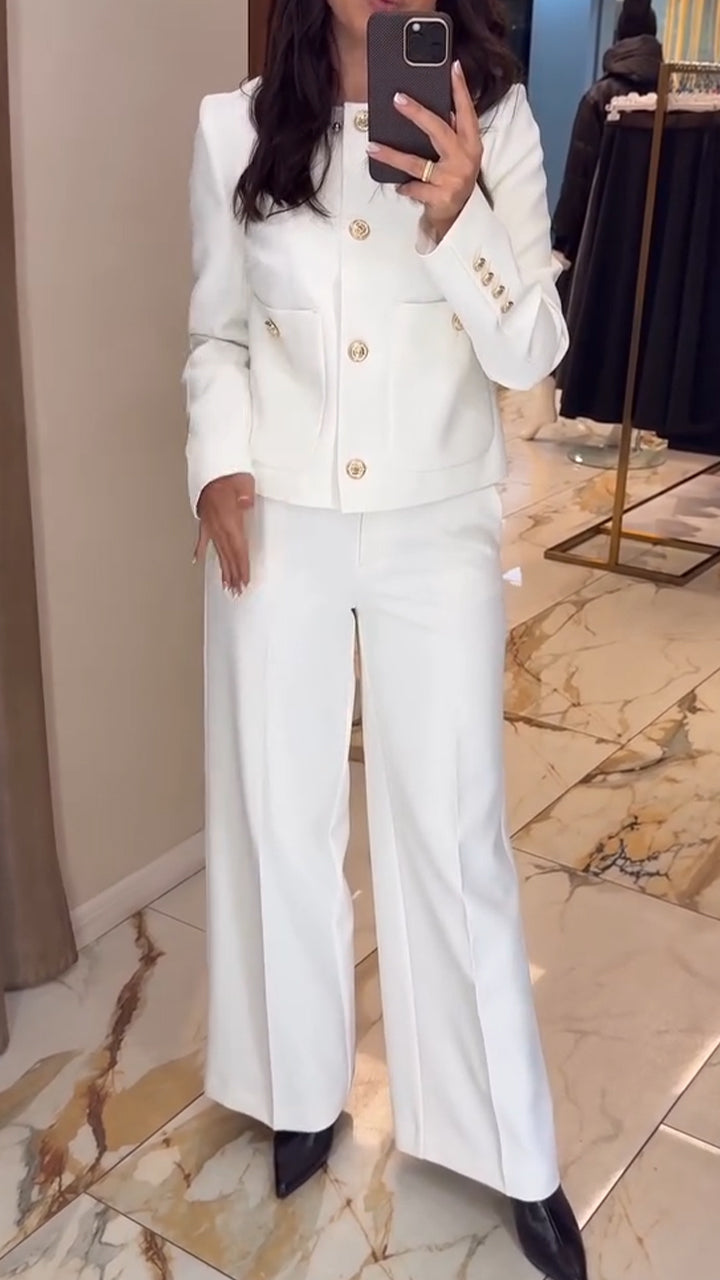 Women Round Neck Breasted Jacket+ Pants Temperament Leisure Suit