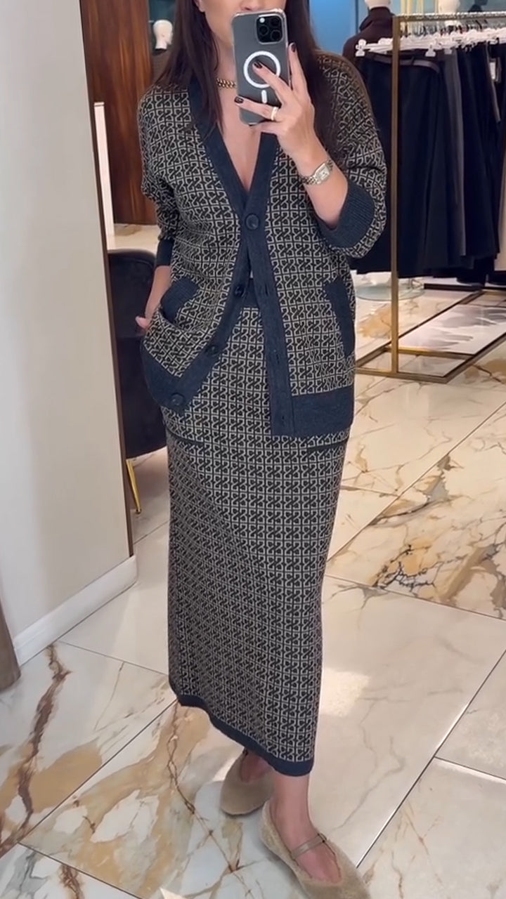 Women Printed Cardigan+ Skirt Elegant Casual Set