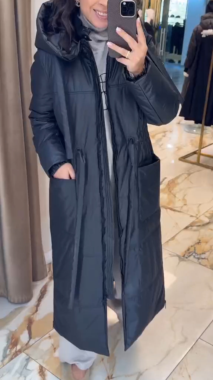 Women Hooded Waist Drawstring Solid Color Casual Cotton Jacket