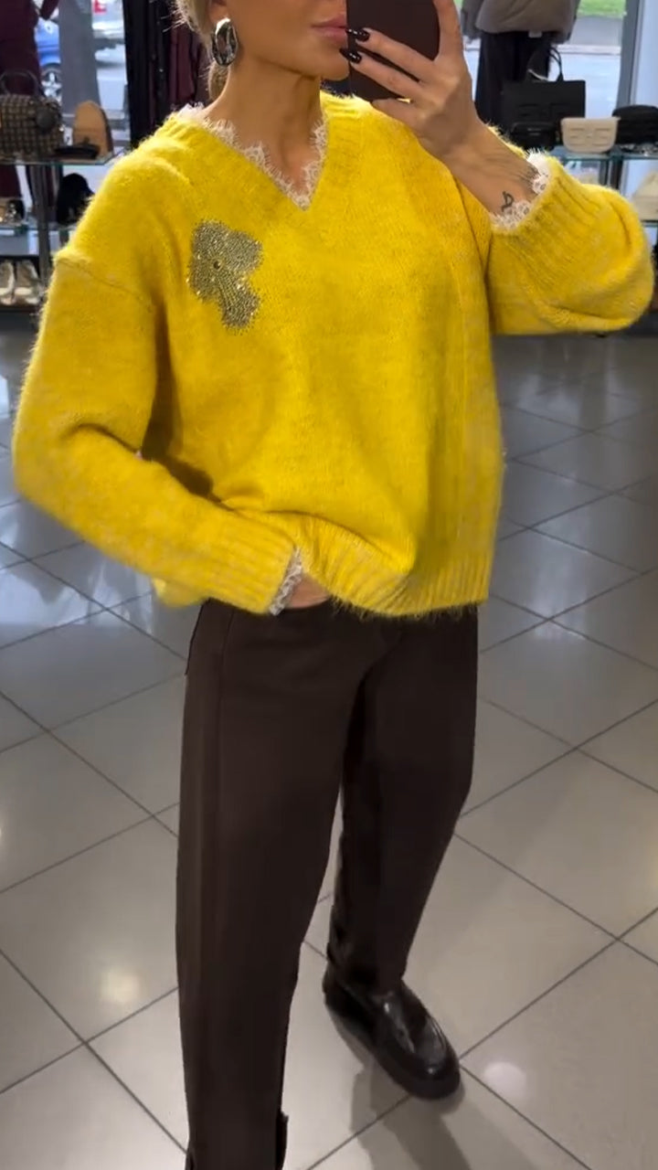 Women V-neck Rhinestone Print Casual Sweater