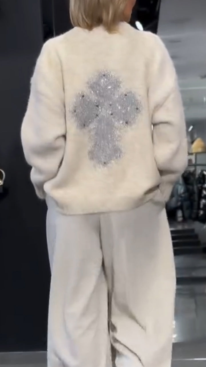 Women V-neck Rhinestone Print Casual Sweater