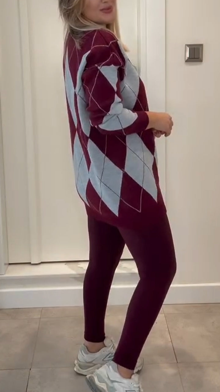 Women Round Neck Plaid Knit Top + Slim Fit Trousers Casual Suit