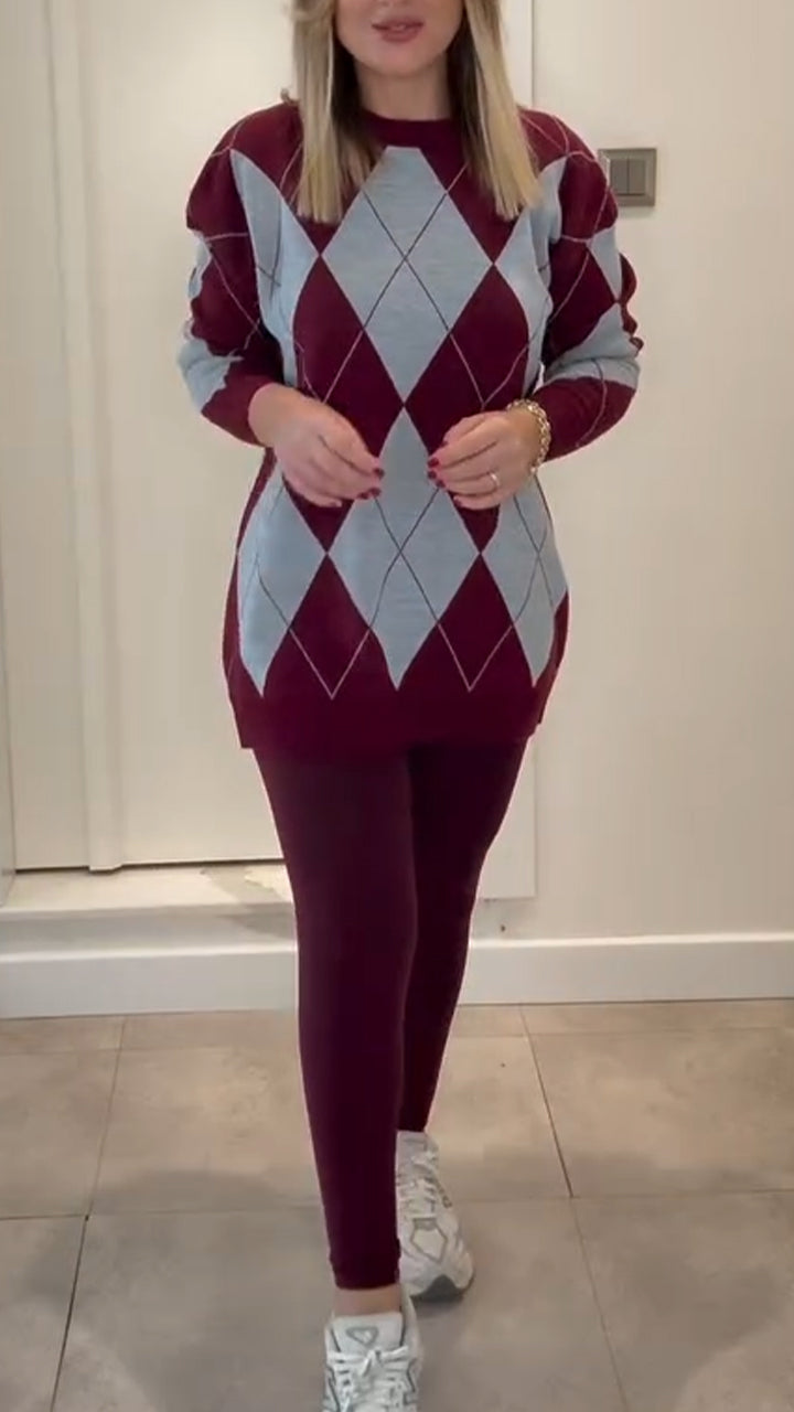 Women Round Neck Plaid Knit Top + Slim Fit Trousers Casual Suit