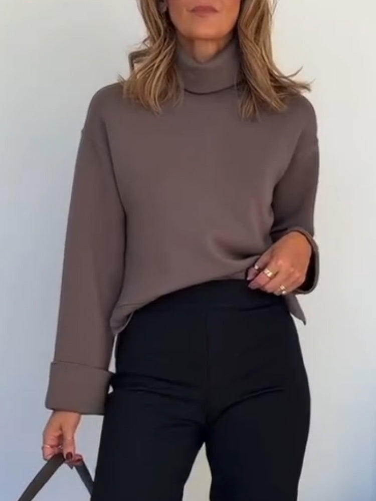 Women High Neck Solid Color Casual Top