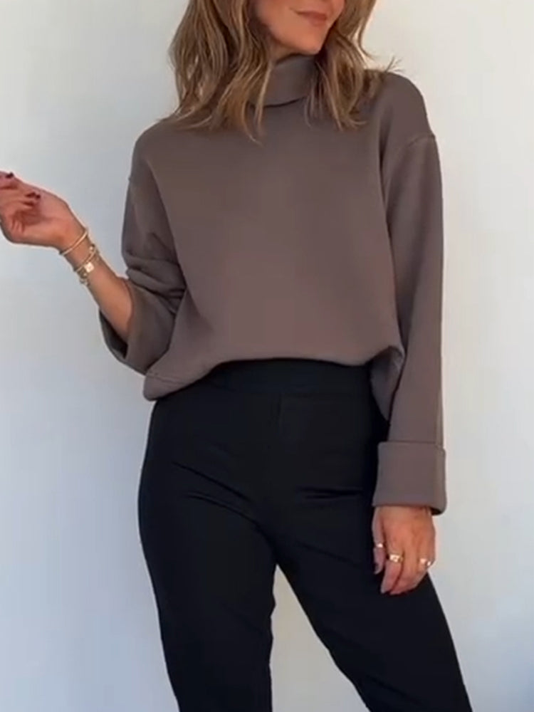 Women High Neck Solid Color Casual Top