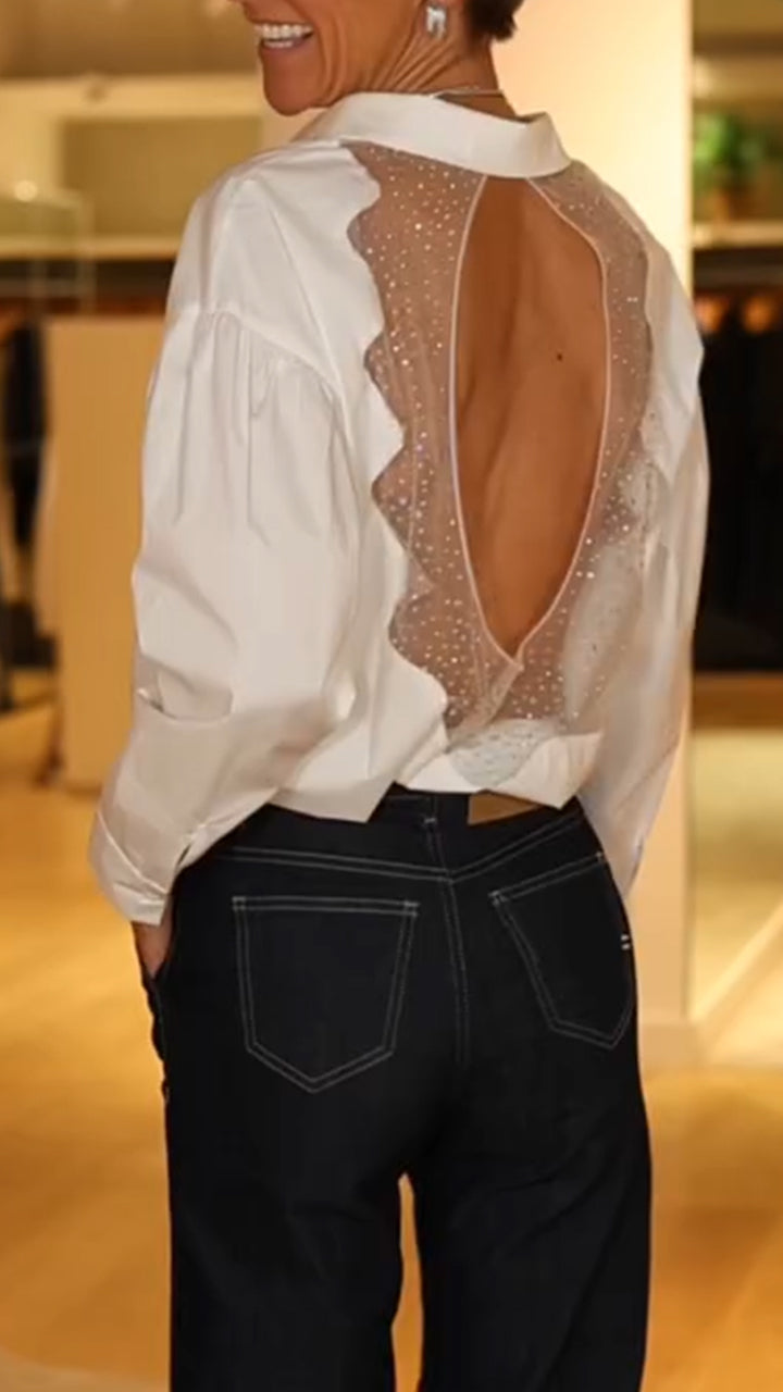 Women Laple Collar Back Hollow Casual Shirt