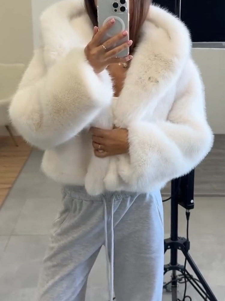 Women Hooded Solid Color Casual Plush Coat