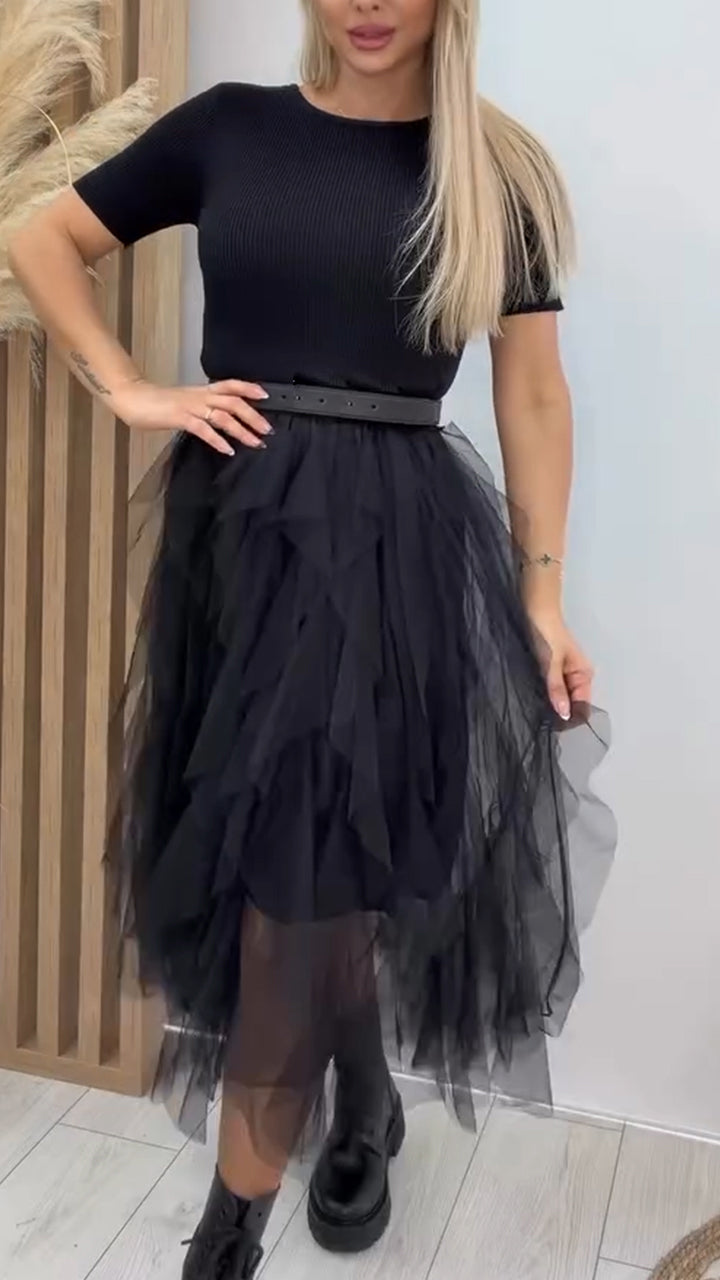 Women Round Neck Patchwork Mesh Casual Dress