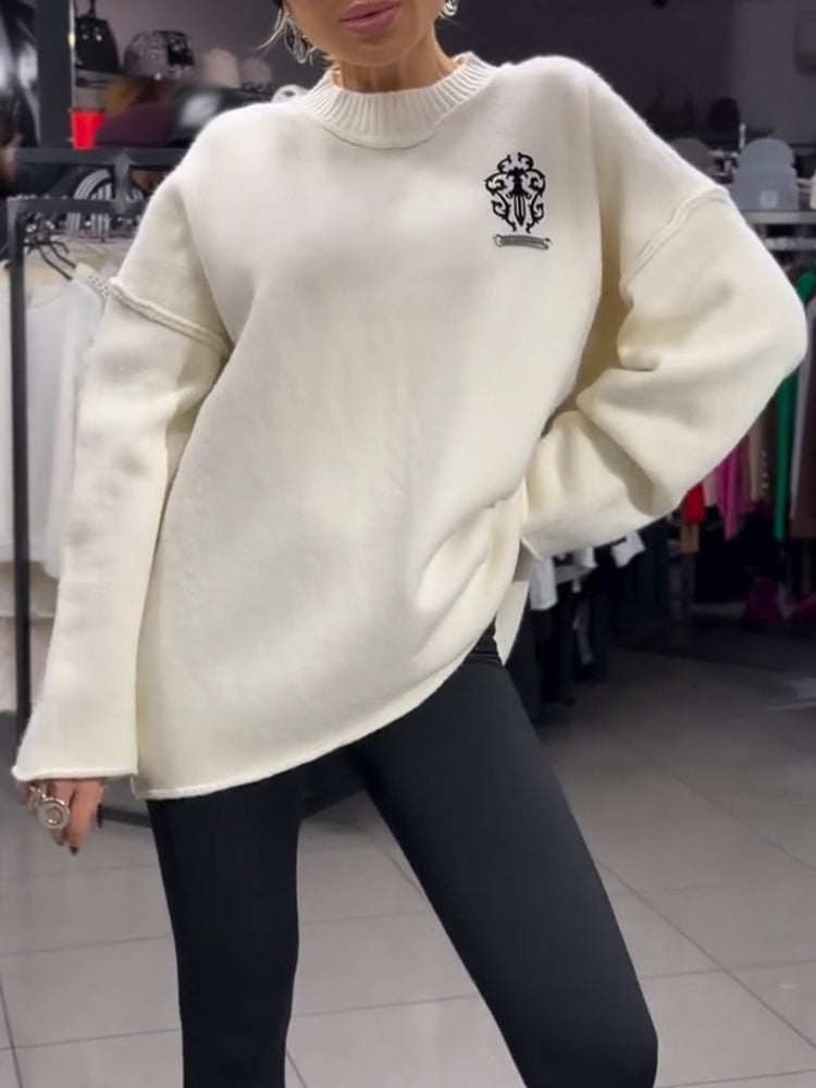 Women Round Neck Printed Casual Knitted Top