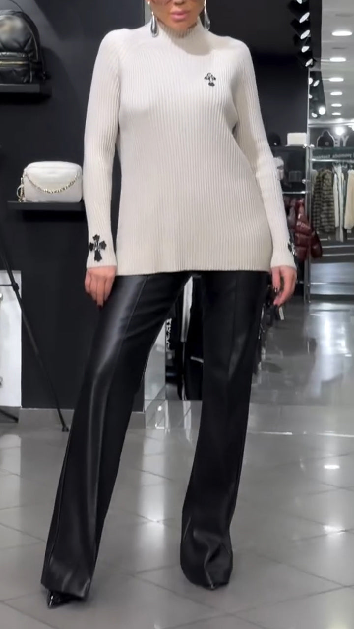 Women High Neck Knitted Sweater+ Leather Pants Casual Suit