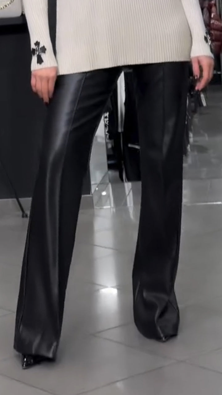 Women High Neck Knitted Sweater+ Leather Pants Casual Suit