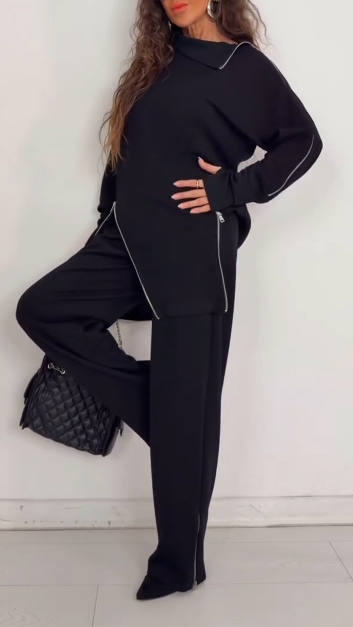 Women Laple Collar Splicing Multi Zipper Casual Set