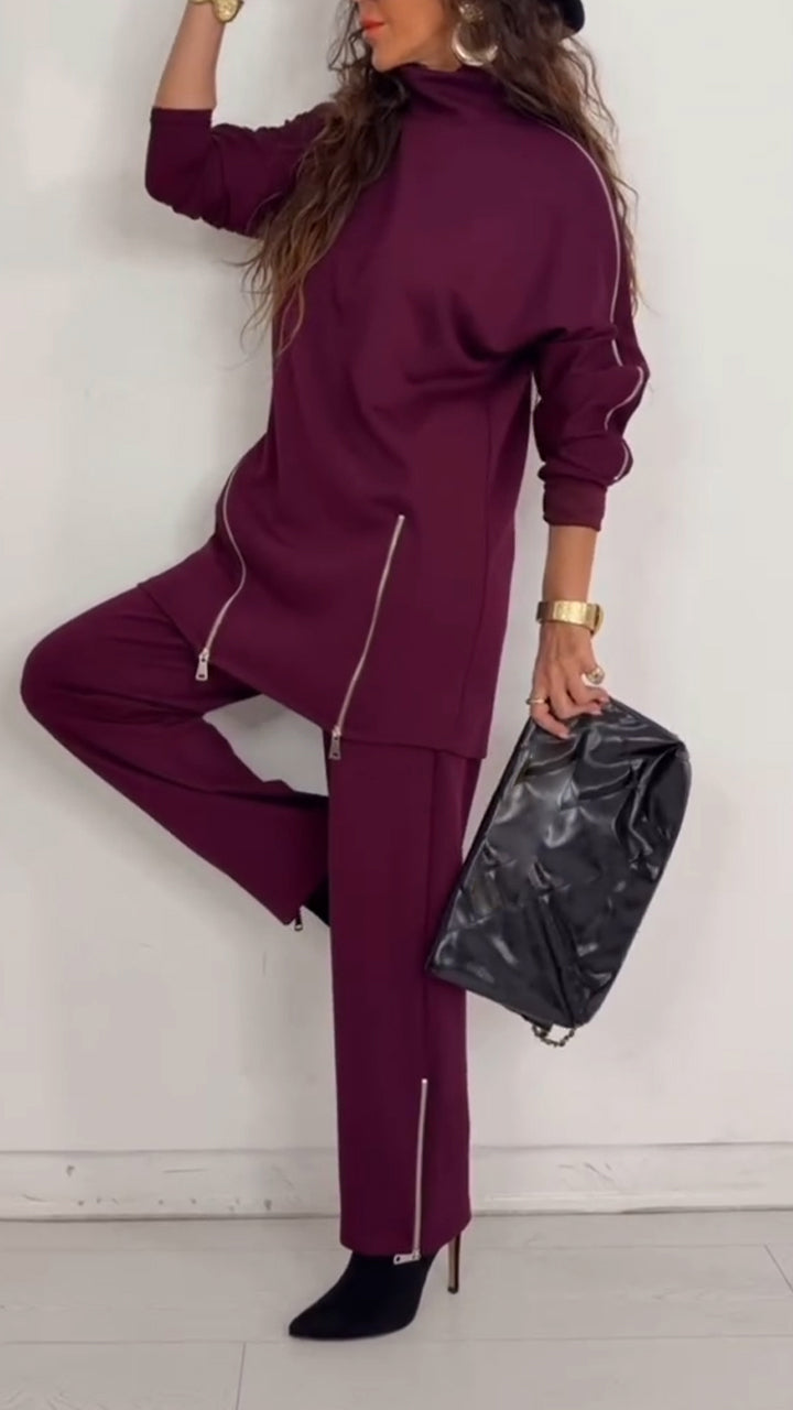 Women Laple Collar Splicing Multi Zipper Casual Set