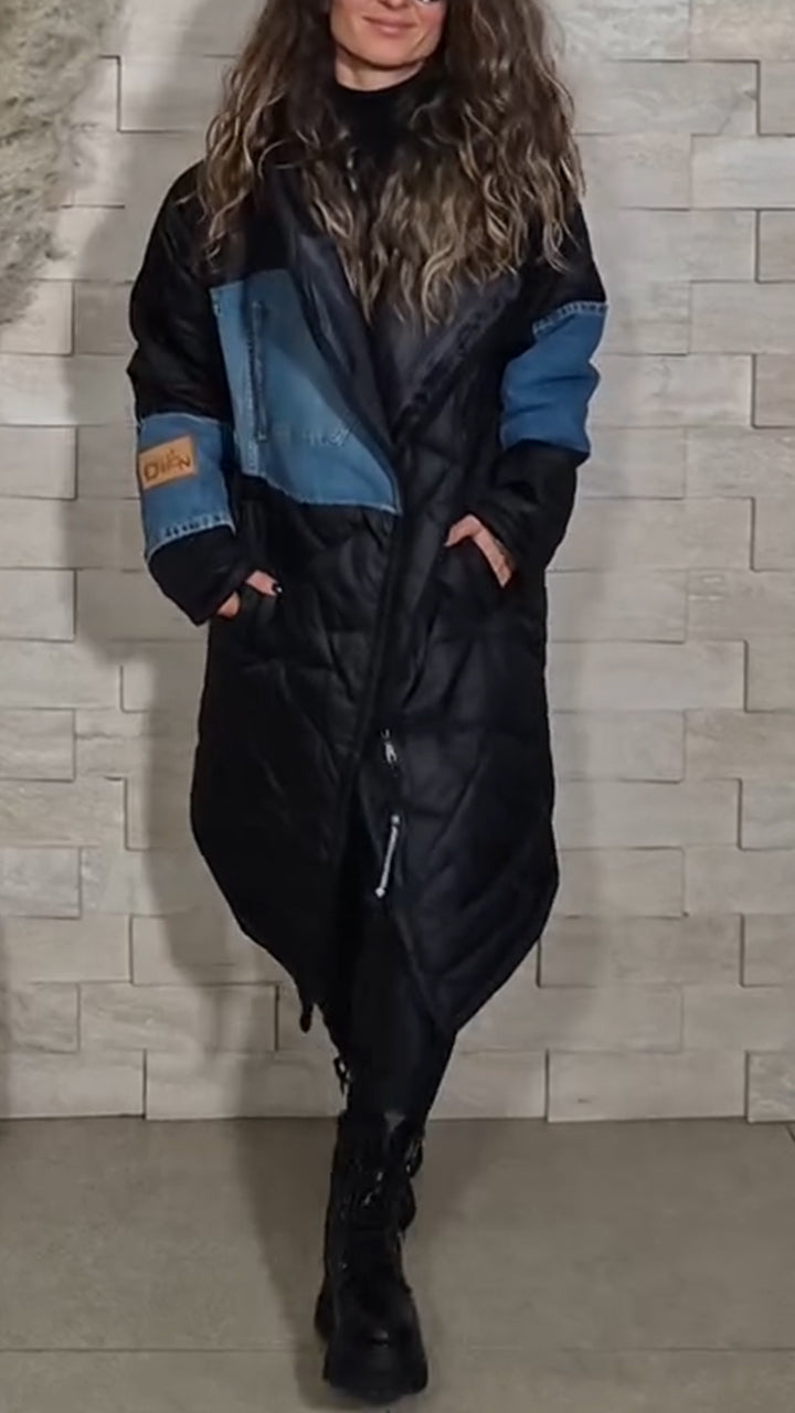 Women Hooded Patchwork Denim Casual Long Cotton Jacket