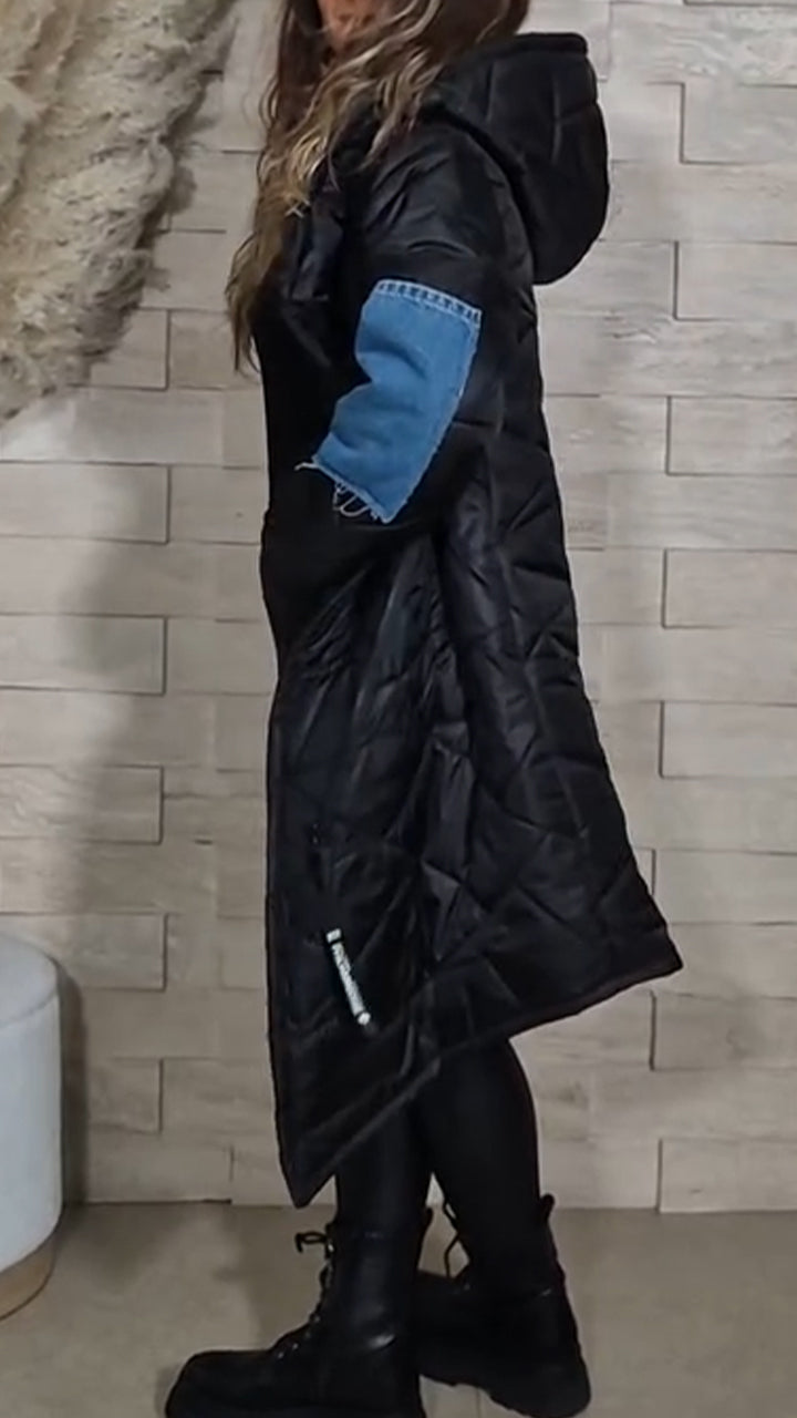 Women Hooded Patchwork Denim Casual Long Cotton Jacket