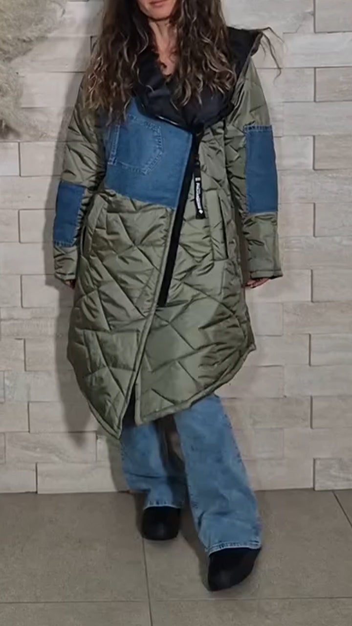 Women Hooded Patchwork Denim Casual Long Cotton Jacket