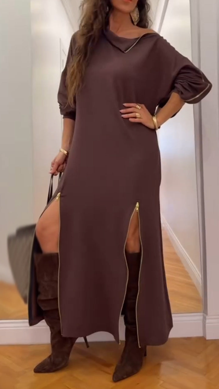 Women Laple Collar Splicing with Multiple Zippers Temperament Casual Dress