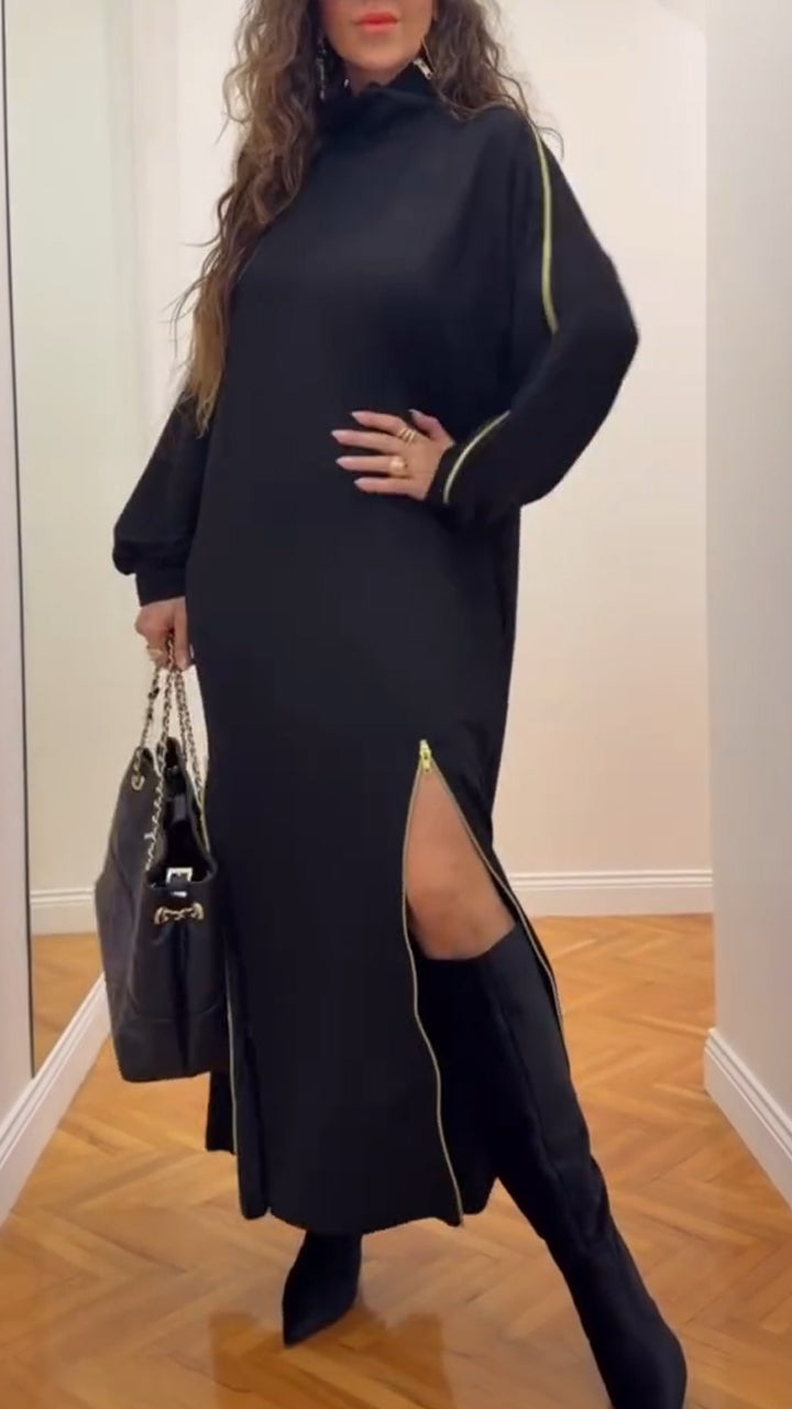 Women Laple Collar Splicing with Multiple Zippers Temperament Casual Dress