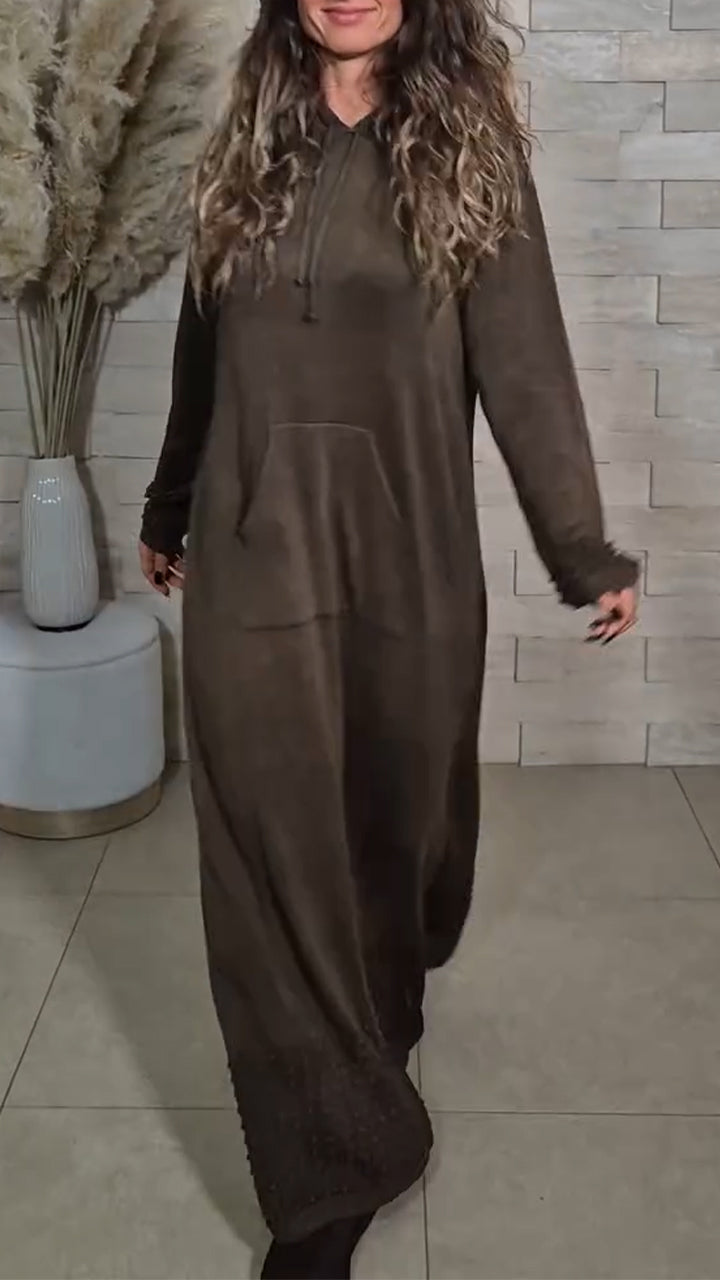 Women Round Neck Hooded Solid Color Casual Dress