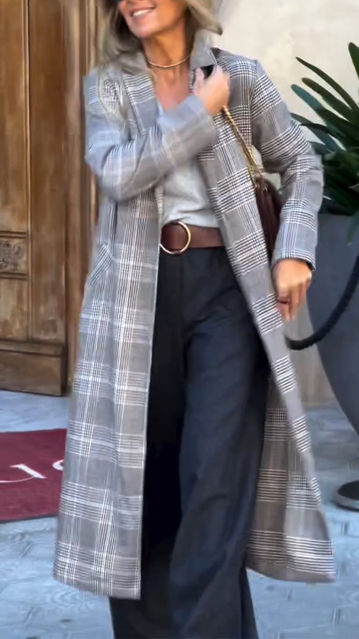 Womens Laple Collar Plaid Temperament Casual Windbreaker