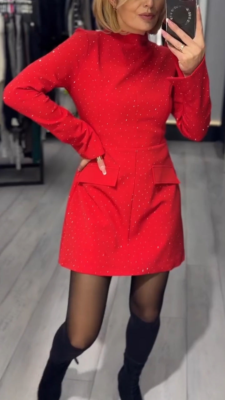 Womens Round Neck Rhinestone Elegant Casual Dress