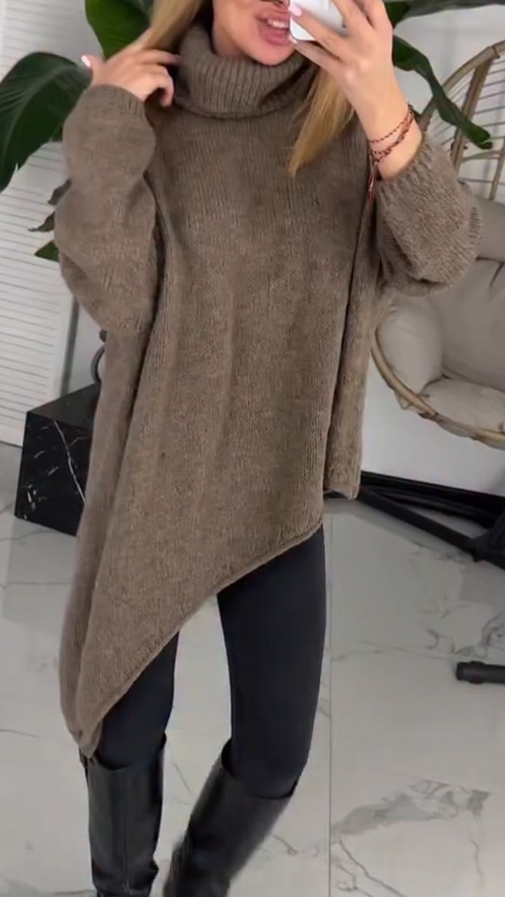 Women High Neck Irregular Solid Color Casual Sweater