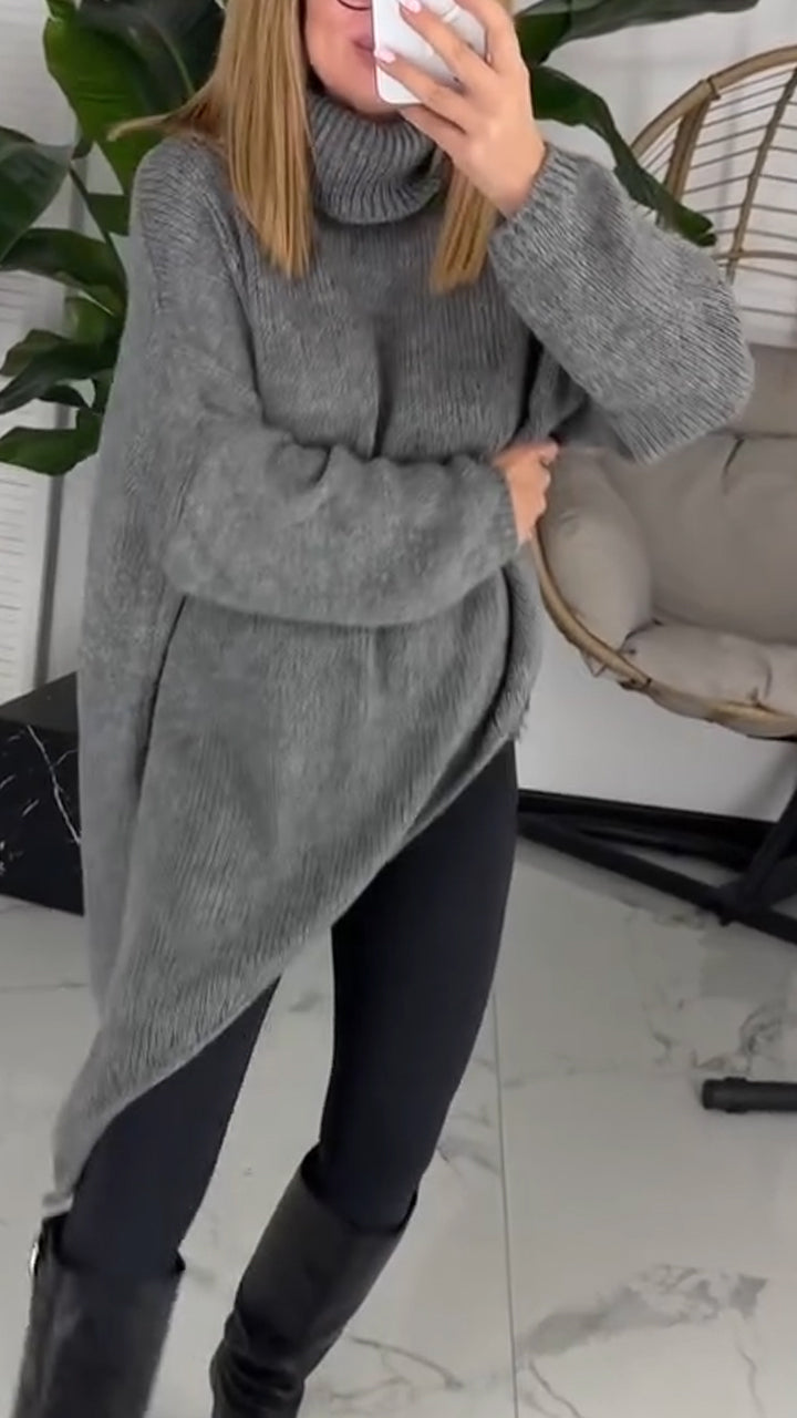 Women High Neck Irregular Solid Color Casual Sweater