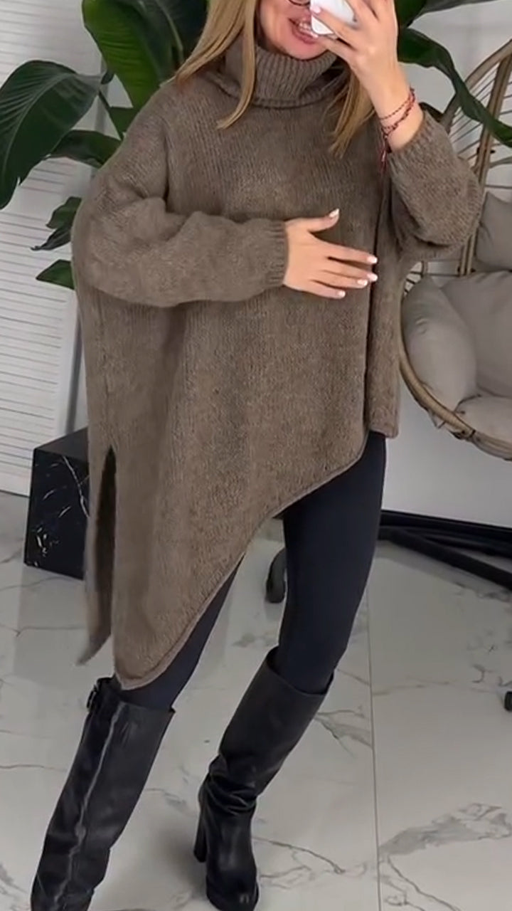 Women High Neck Irregular Solid Color Casual Sweater