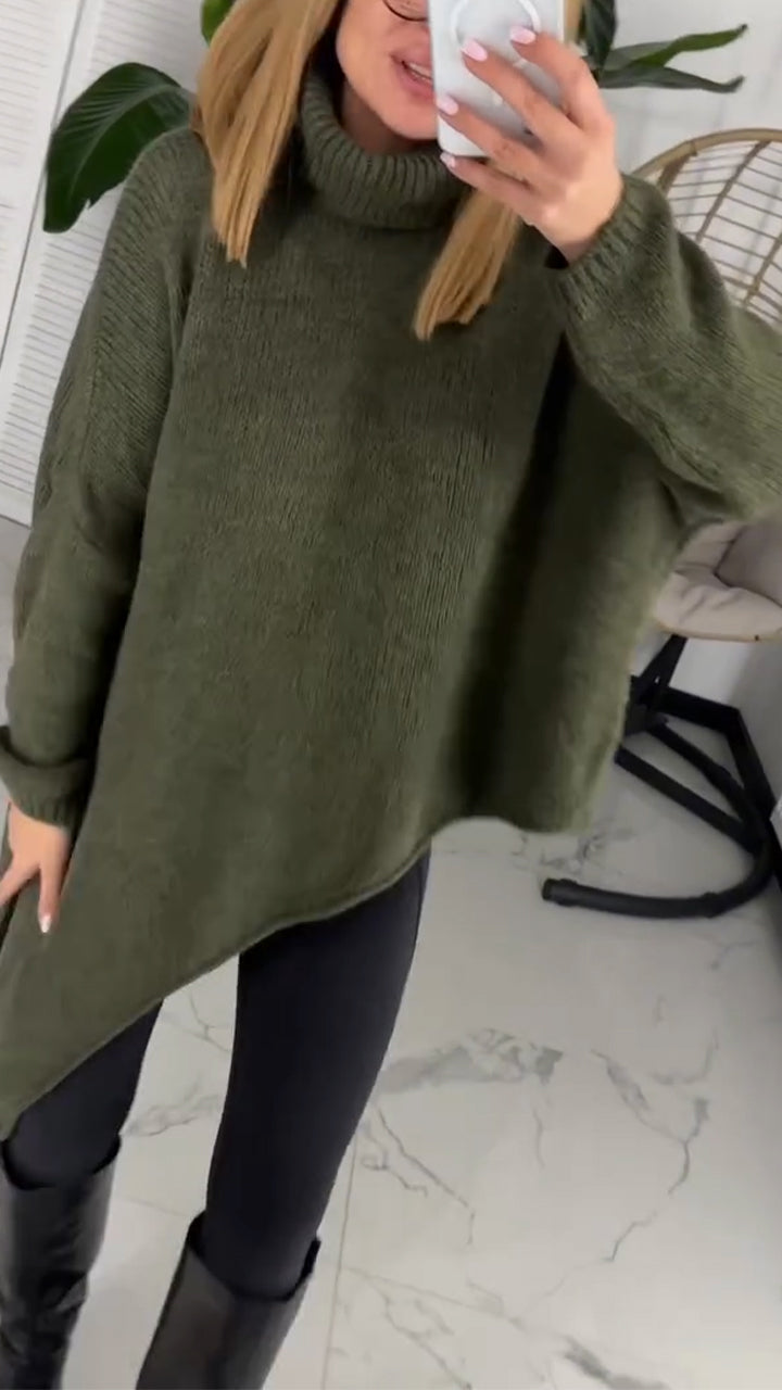 Women High Neck Irregular Solid Color Casual Sweater