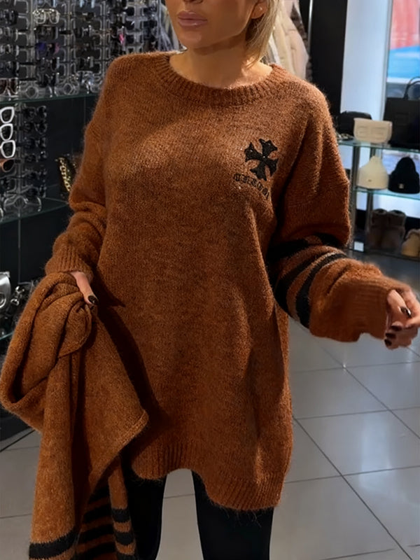 Women Round Neck Printed Casual Sweater + Scarf