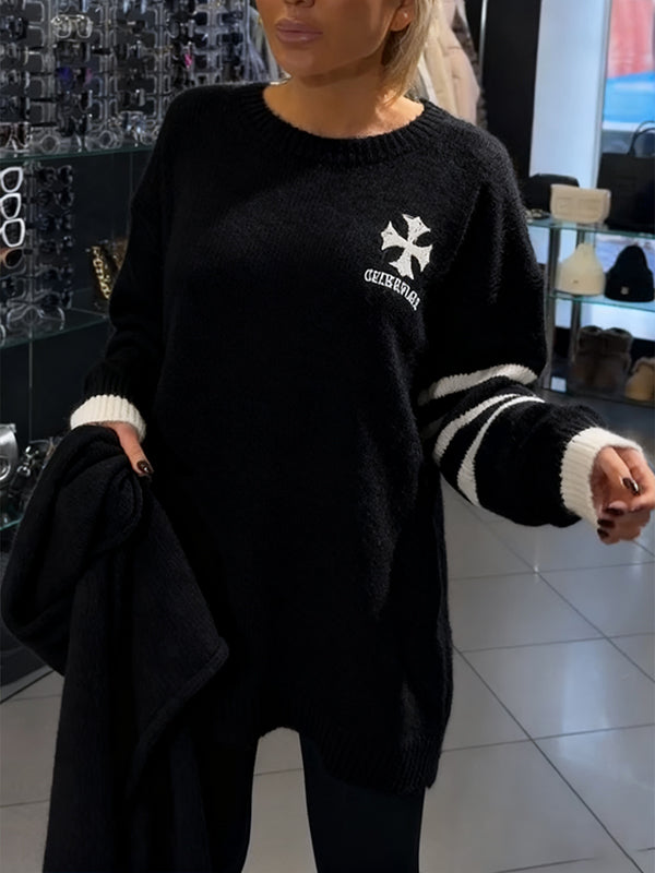 Women Round Neck Printed Casual Sweater + Scarf