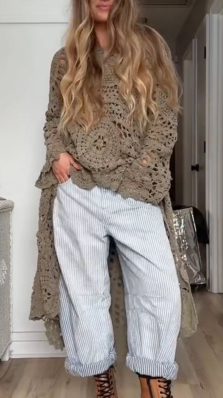 Women Round Neck Printed Hollow Out Casual Long Top