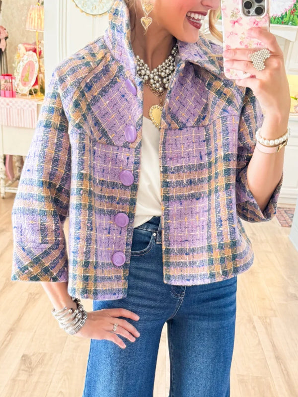 Womens Laple Collar Plaid Casual Jacket