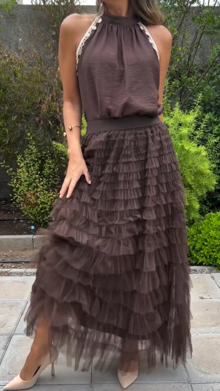 Women Round Neck Top+ Patchwork Mesh Skirt Casual Set