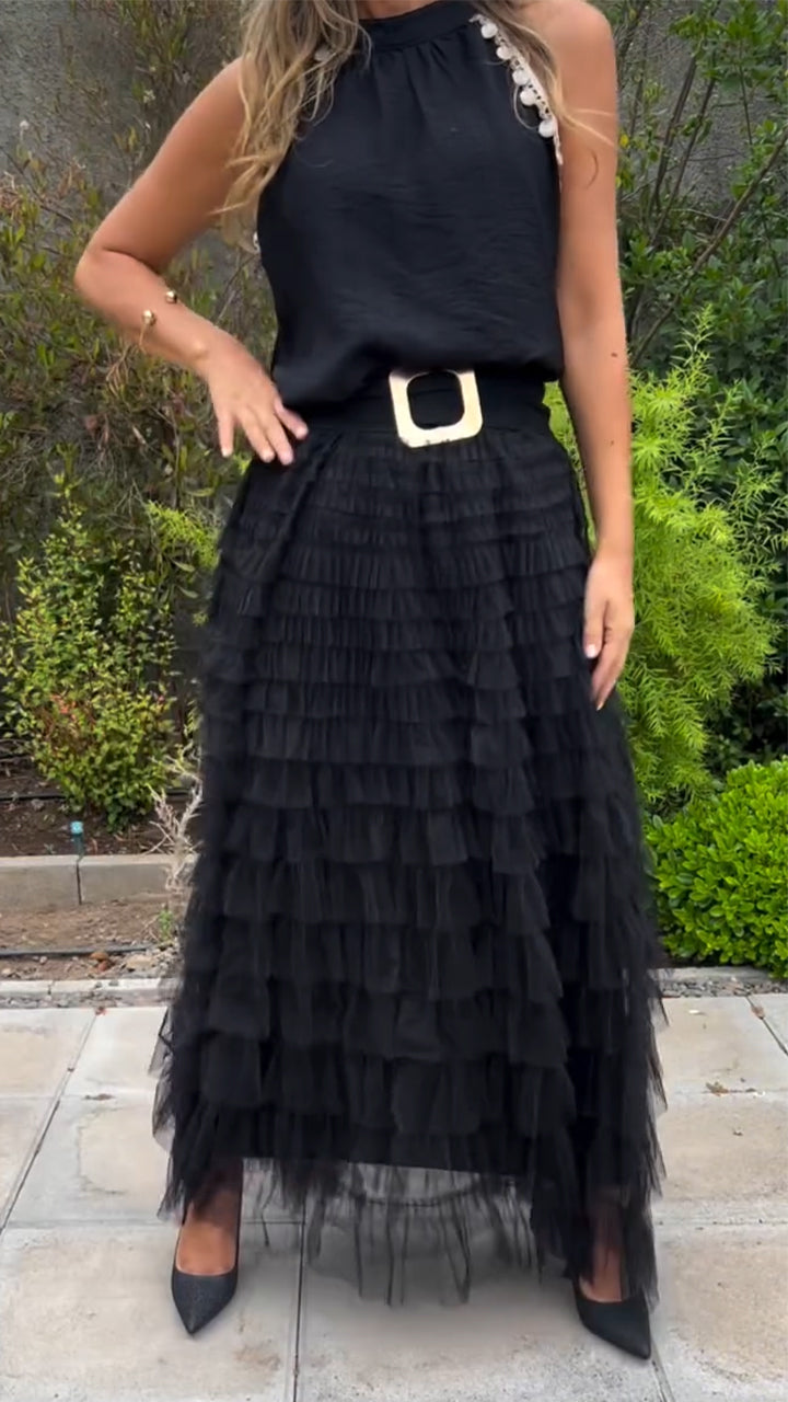 Women Round Neck Top+ Patchwork Mesh Skirt Casual Set