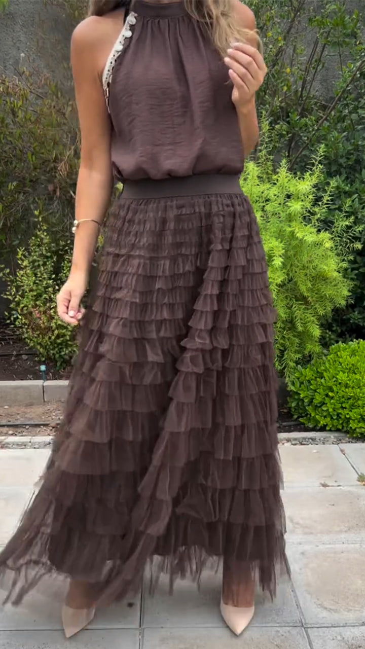 Women Round Neck Top+ Patchwork Mesh Skirt Casual Set