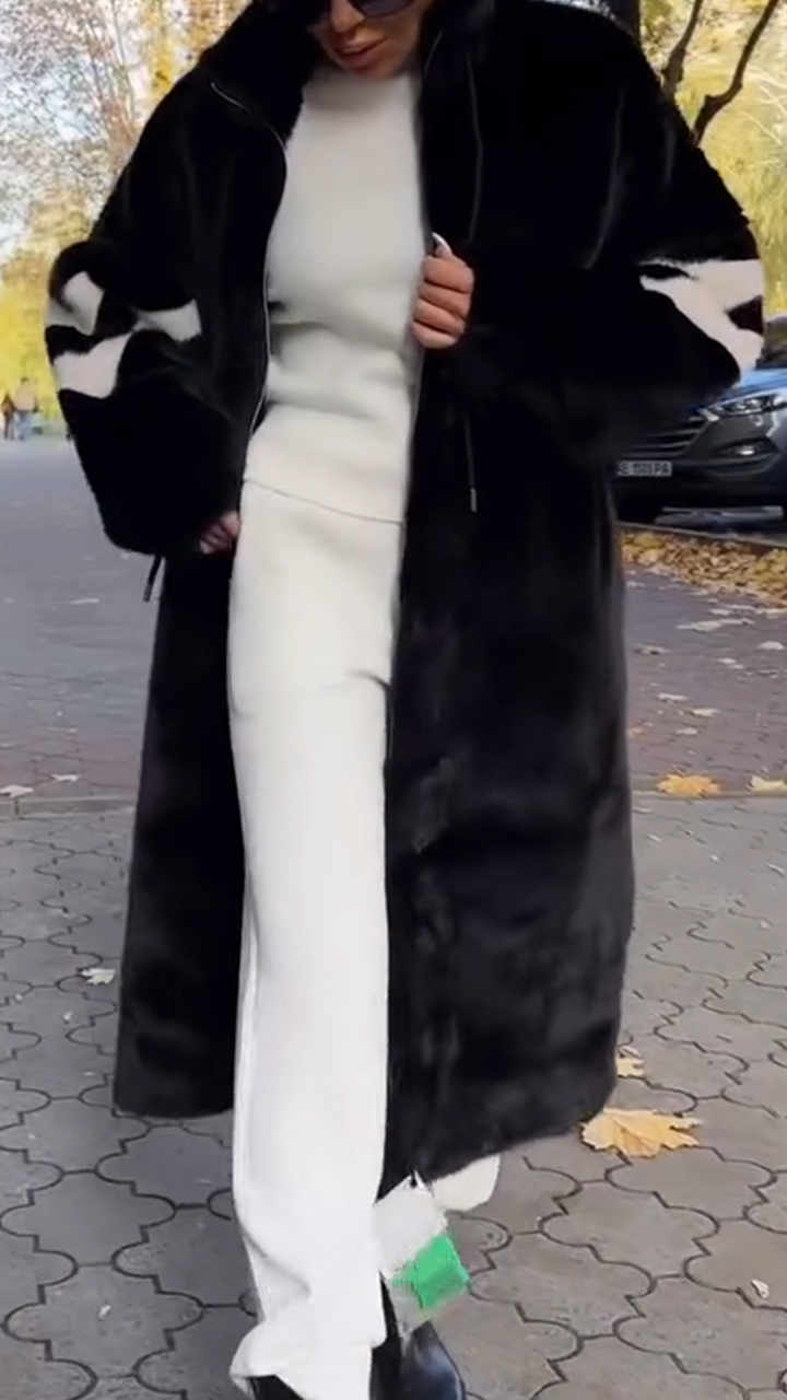 Women Stand Collar Striped Casual Long Plush Coat