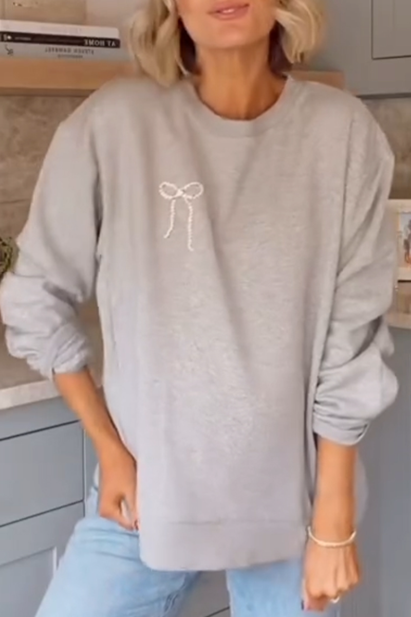 Women Round Neck Bow Tie Rhinestone Print Casual Sweatshirt