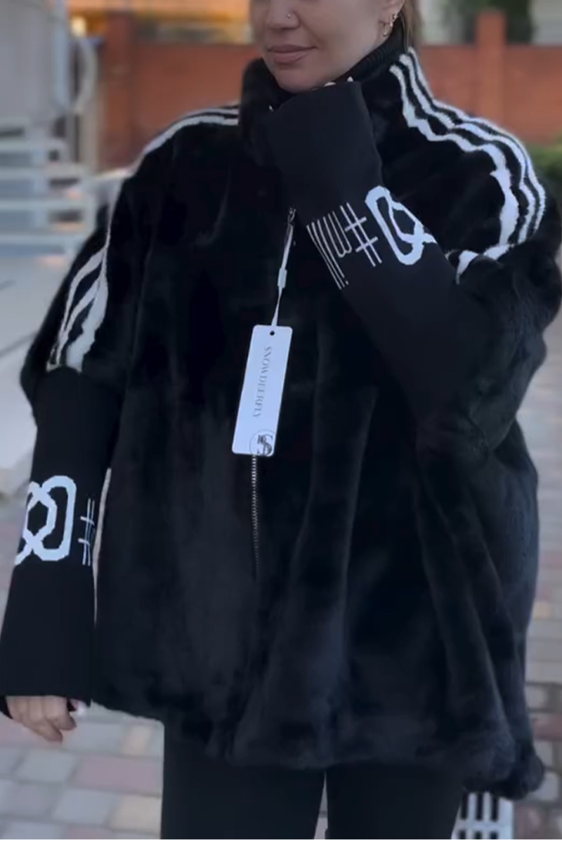 Women Collar Splicing Knitted Printed Sleeves Casual Plush Coat