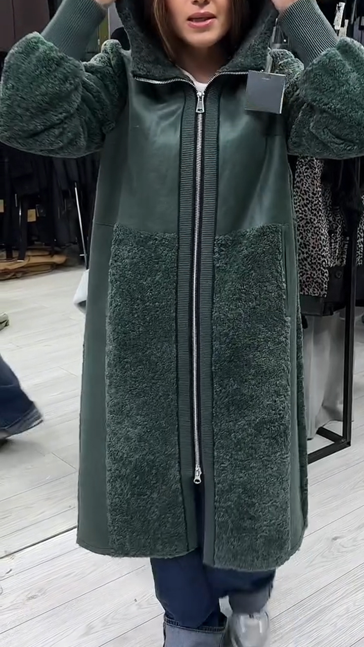 Women Hooded Spliced Plush Casual Long Coat