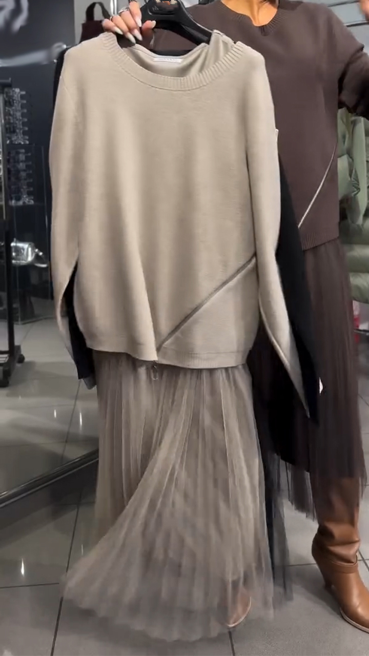 Women Interior Patchwork Dress+ Side Zipper Top Casual Set