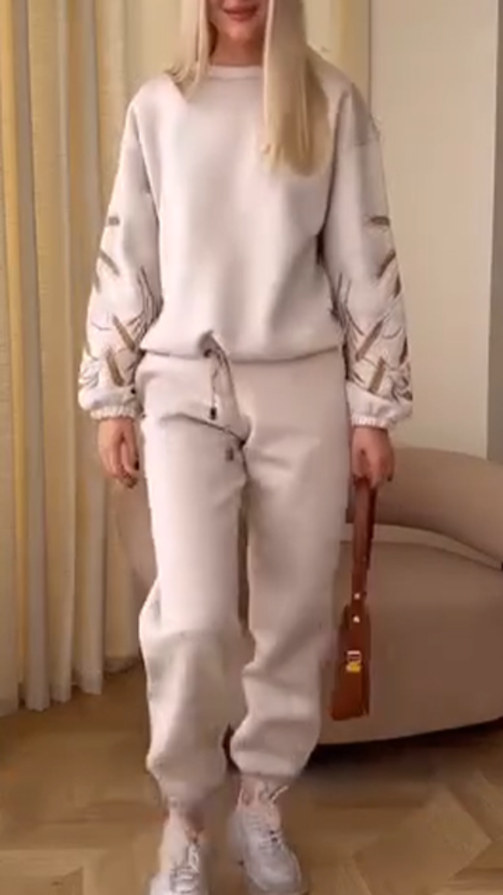 Women Round Neck Sleeve Wheat Print Embroidered Top+ Drawstring Pants Casual Set